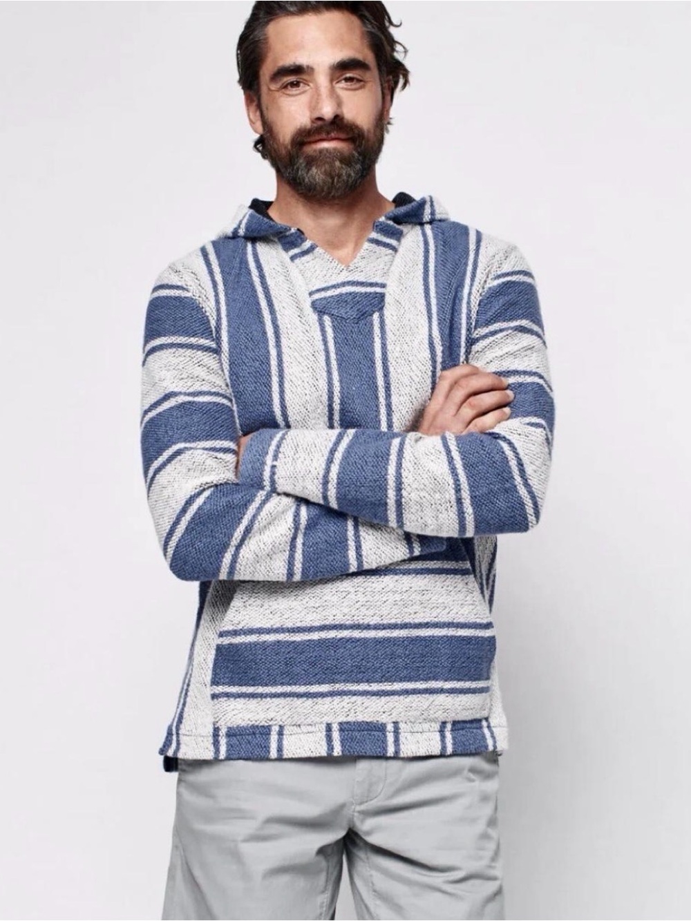 Men's Blue and White Striped Hooded Sweater